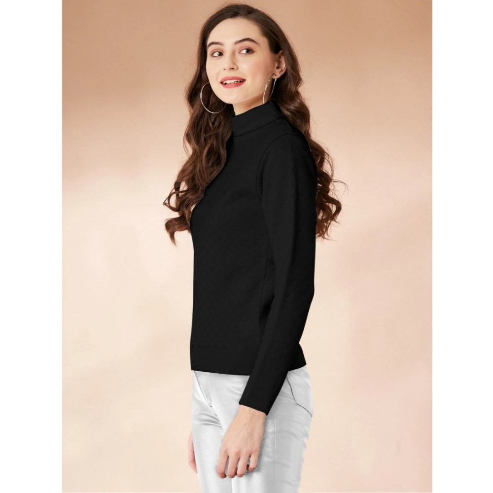 Women's Polyester Solid High Neck Full Sleeve T - Shirt - Black