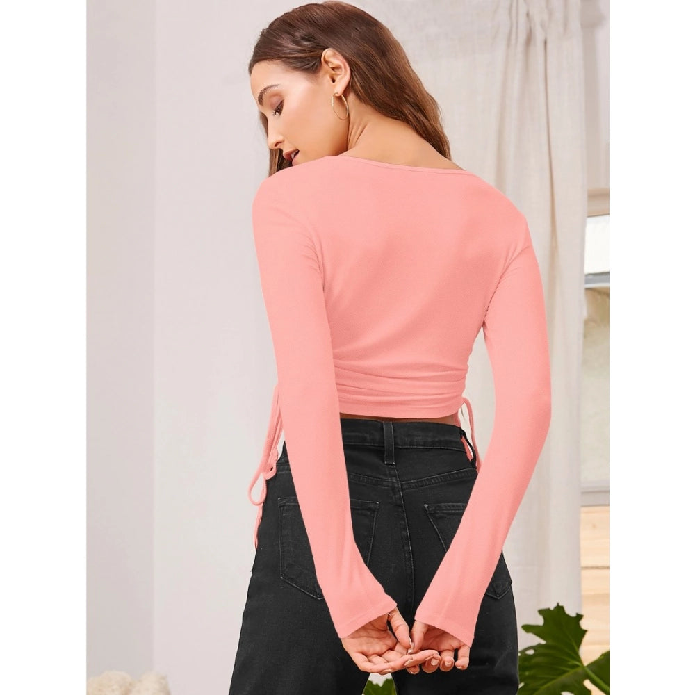 Women's Polyester Solid Round Neck Full Sleeve Top (Peach) - POPNOVA