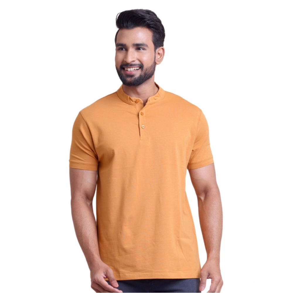 Solid Cotton Mandarin Collar Half Sleeve T-Shirt for Men - Brown - POPNOVA - photo 1