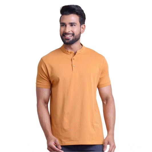 Solid Cotton Mandarin Collar Half Sleeve T-Shirt for Men - Brown - POPNOVA - photo 1