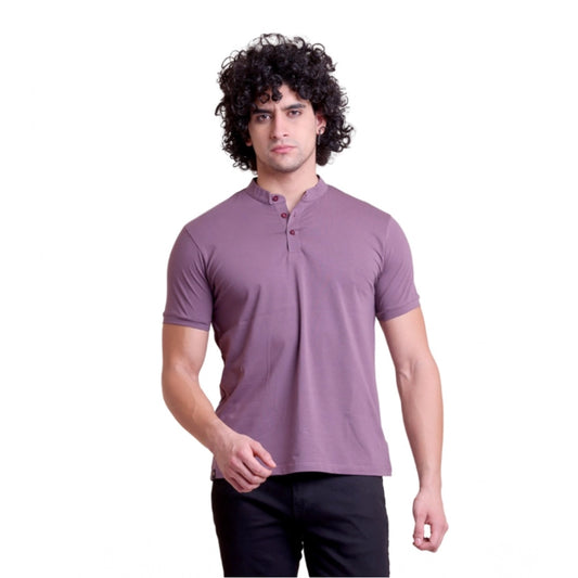 Solid Cotton Mandarin Collar Half Sleeve T-Shirt for Men - Berry - POPNOVA - photo 1
