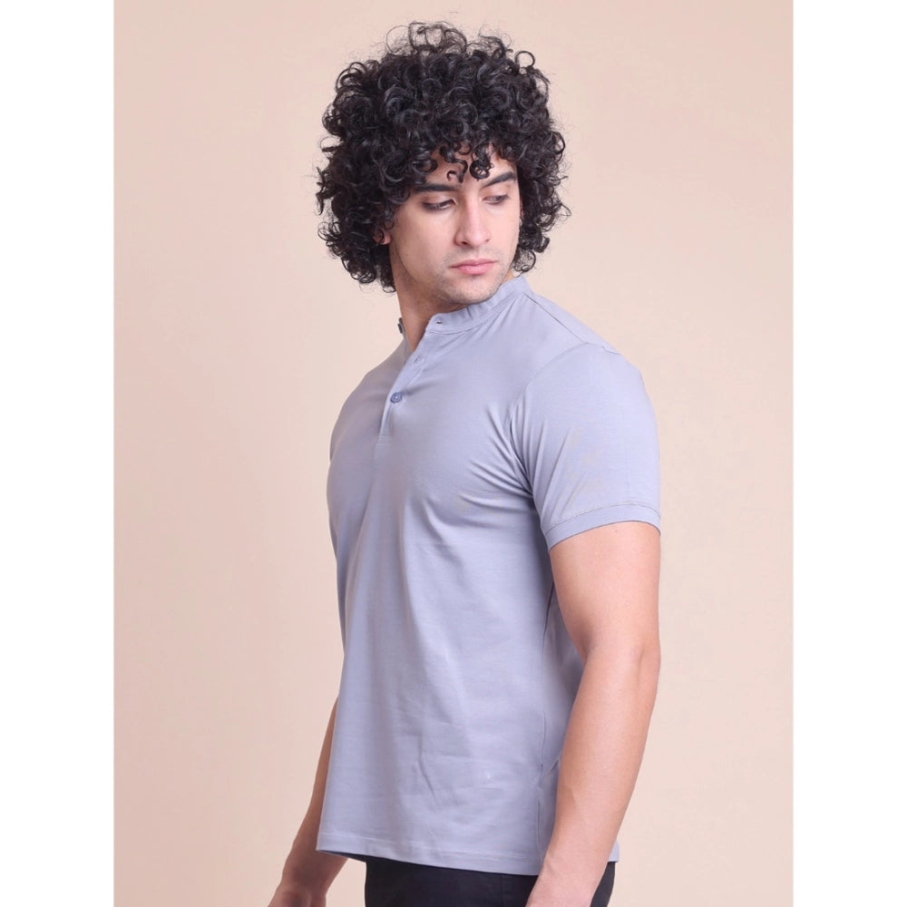 Solid Cotton Mandarin Collar Half Sleeve T-Shirt for Men - Teegrey - POPNOVA - photo 2