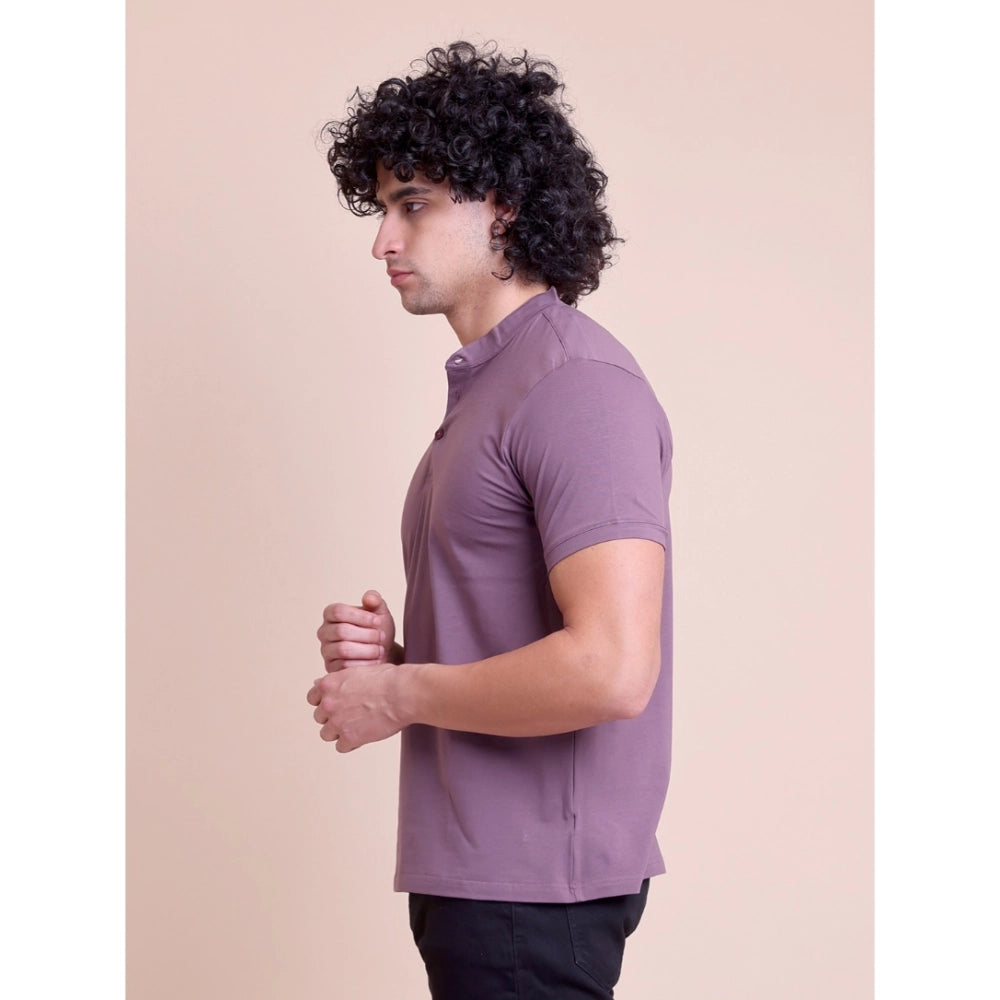Solid Cotton Mandarin Collar Half Sleeve T-Shirt for Men - Berry - POPNOVA - photo 2