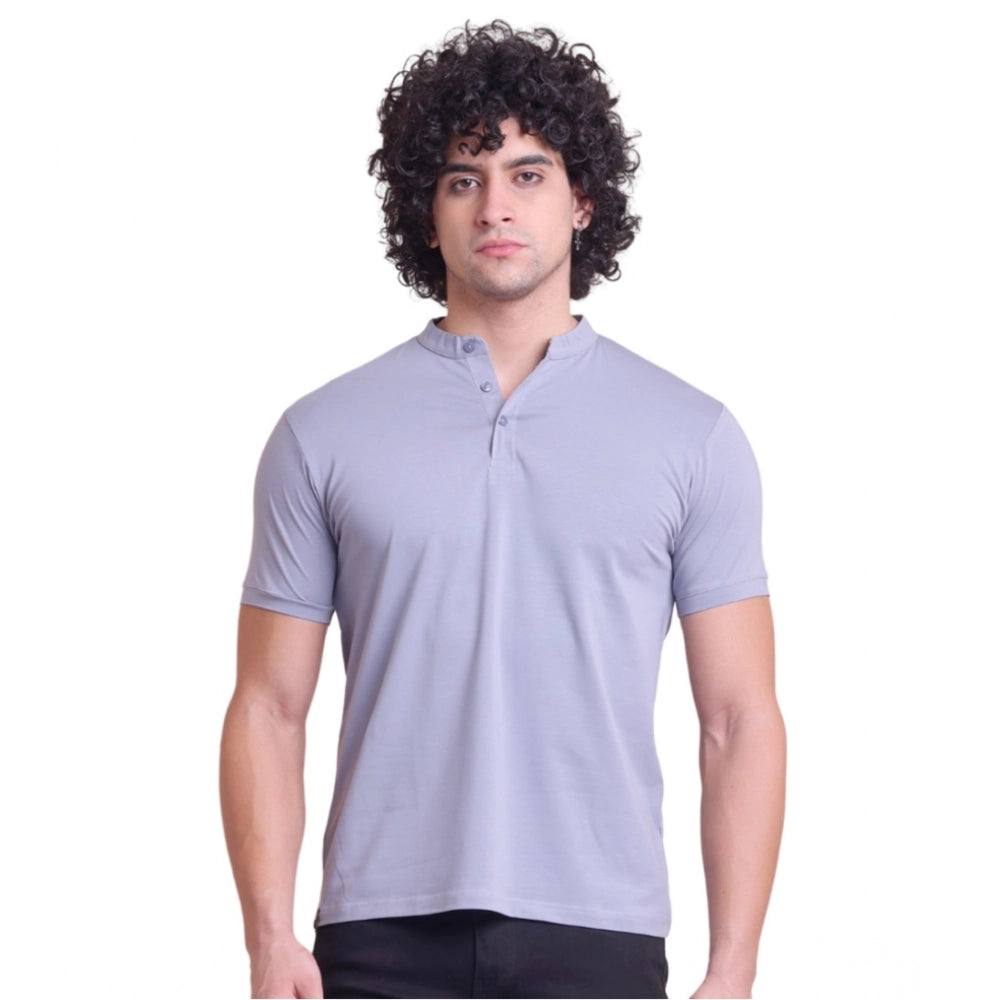 Solid Cotton Mandarin Collar Half Sleeve T-Shirt for Men - Teegrey - POPNOVA - photo 1