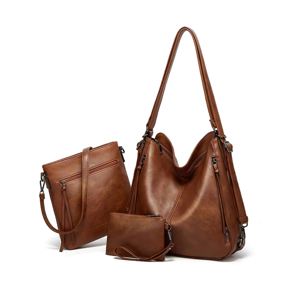 Women's PU Leather Medium Shoulder Zipper Handbag (Brown) - POPNOVA