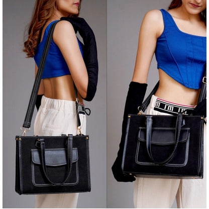 Women's Canvas Medium Top handle Satchel Zipper Handbag (Black) - POPNOVA