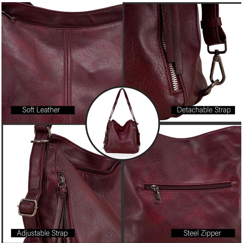 Women's PU Leather Medium Shoulder Zipper Handbag (Wine red) - POPNOVA