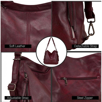 Women's PU Leather Medium Shoulder Zipper Handbag (Wine red) - POPNOVA