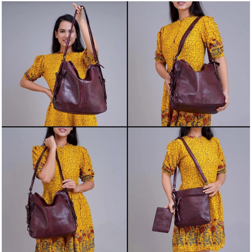 Women's PU Leather Medium Shoulder Zipper Handbag (Wine red) - POPNOVA