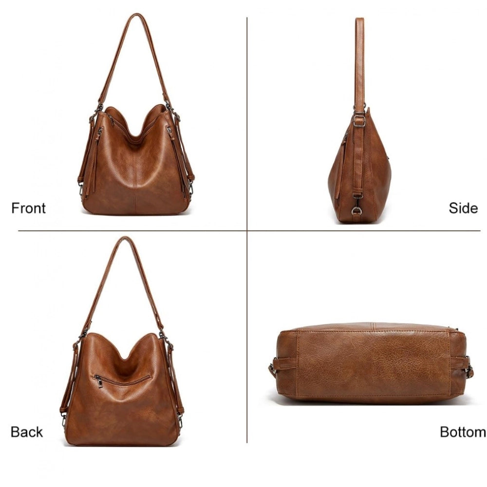 Women's PU Leather Medium Shoulder Zipper Handbag (Brown) - POPNOVA