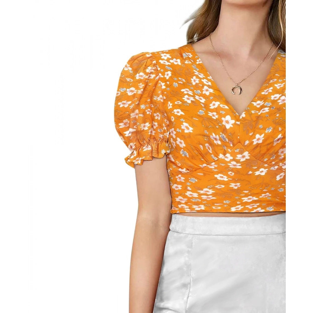 Women's Knitting Printed V - Neck Puff Sleeve Tops - Yellow