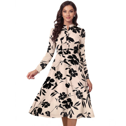 Generic Women's Knitting Printed V-Neck Full Sleeve Dress (Cream) - Women's Dress | POPNOVA