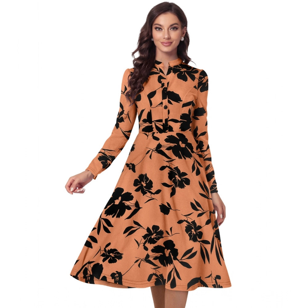 Generic Women's Knitting Printed V-Neck Full Sleeve Dress (Orange) - Women's Dress | POPNOVA