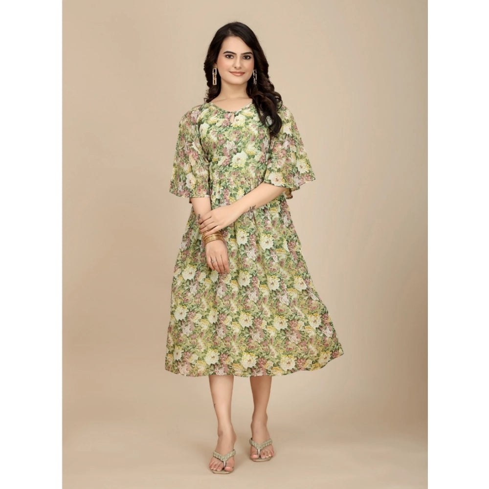 Generic Women's Georgette Printed Round Neck Short Sleeve Dress (Green) - Women's Dress | POPNOVA