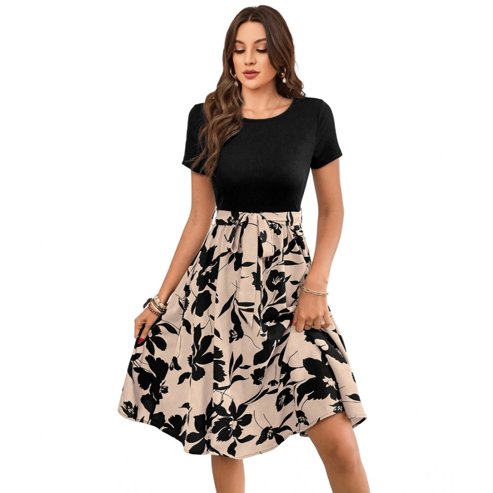 Generic Women's Knitting Printed Round Neck Short Sleeve Dress (Cream) - Women's Dress | POPNOVA