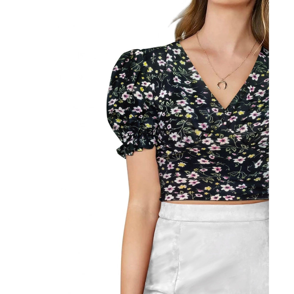 Women's Knitting Printed V - Neck Puff Sleeve Tops - Black