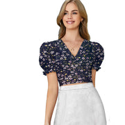 Women's Knitting Printed V - Neck Puff Sleeve Tops - Navy Blue