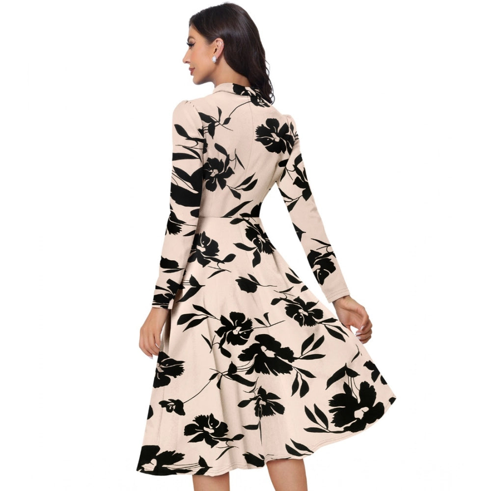 Generic Women's Knitting Printed V-Neck Full Sleeve Dress (Cream)