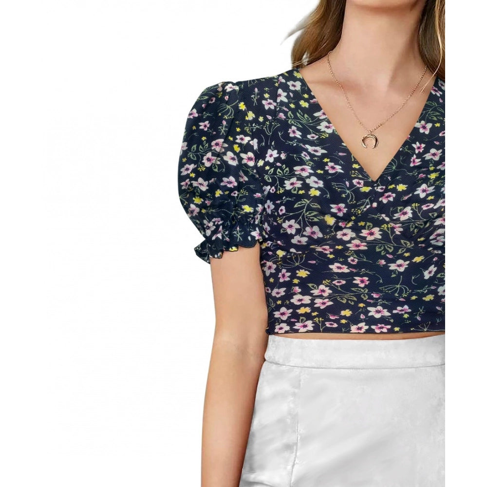 Women's Knitting Printed V - Neck Puff Sleeve Tops - Navy Blue