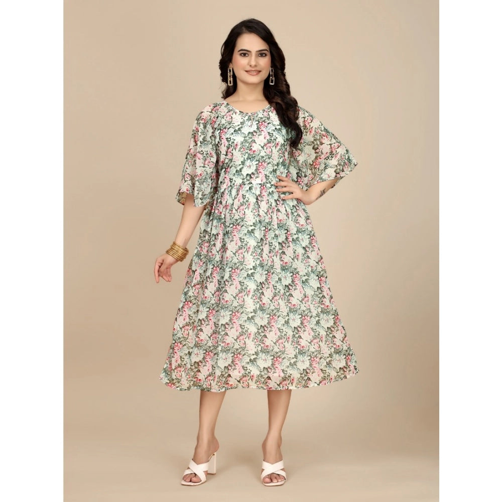 Generic Women's Georgette Printed Round Neck Short Sleeve Dress (Pink) - Women's Dress | POPNOVA