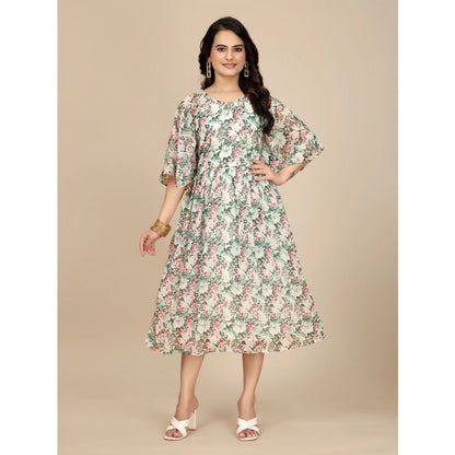 Generic Women's Georgette Printed Round Neck Short Sleeve Dress (Pink) - Women's Dress | POPNOVA