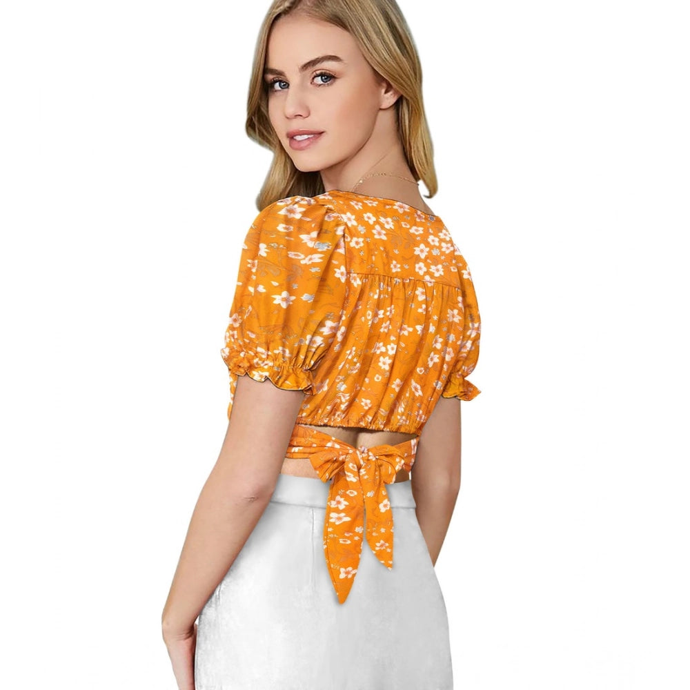 Women's Knitting Printed V - Neck Puff Sleeve Tops - Yellow