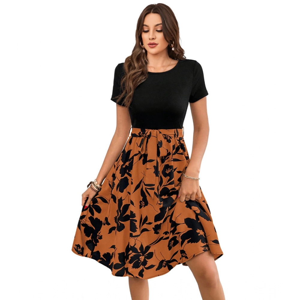 Generic Women's Knitting Printed Round Neck Short Sleeve Dress (Orange) - Women's Dress | POPNOVA