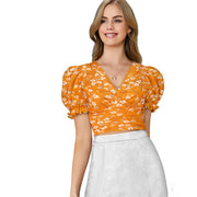 Women's Knitting Printed V - Neck Puff Sleeve Tops - Yellow