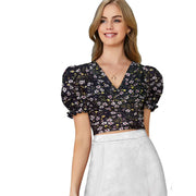 Women's Knitting Printed V - Neck Puff Sleeve Tops - Black
