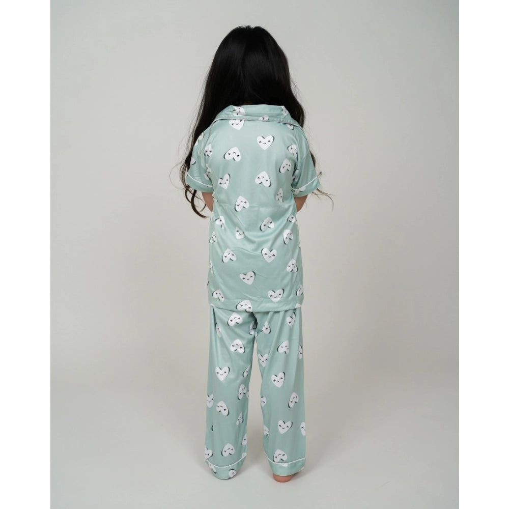 Girl's Silk Bleand Printed Short Sleeve Night Suit Set - Light Green