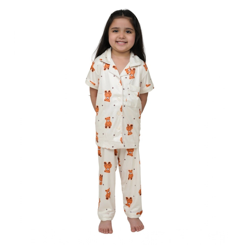 Girl's Silk Bleand Printed Short Sleeve Night Suit Set - White