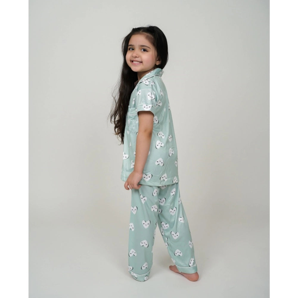 Girl's Silk Bleand Printed Short Sleeve Night Suit Set - Light Green