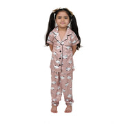 Girl's Silk Bleand Printed Short Sleeve Night Suit Set - Brown