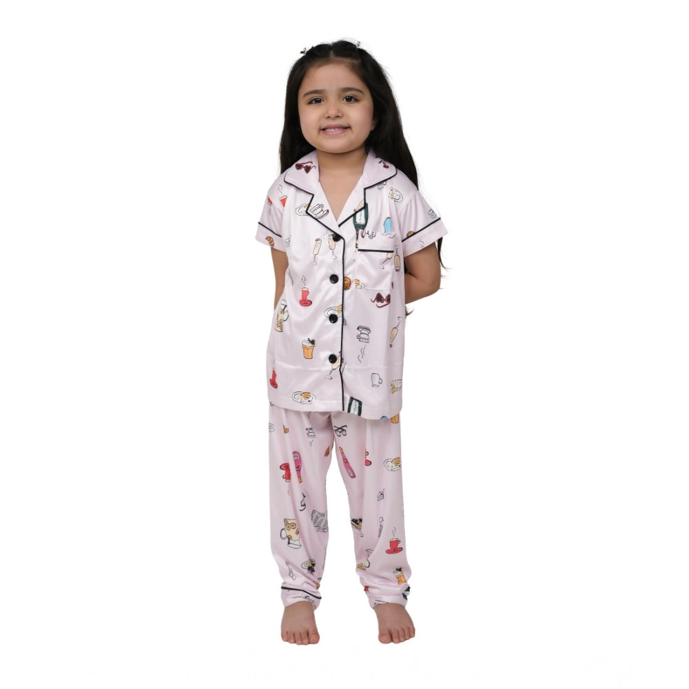 Girl's Silk Bleand Printed Short Sleeve Night Suit Set - Creem