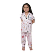 Girl's Silk Bleand Printed Short Sleeve Night Suit Set - Creem