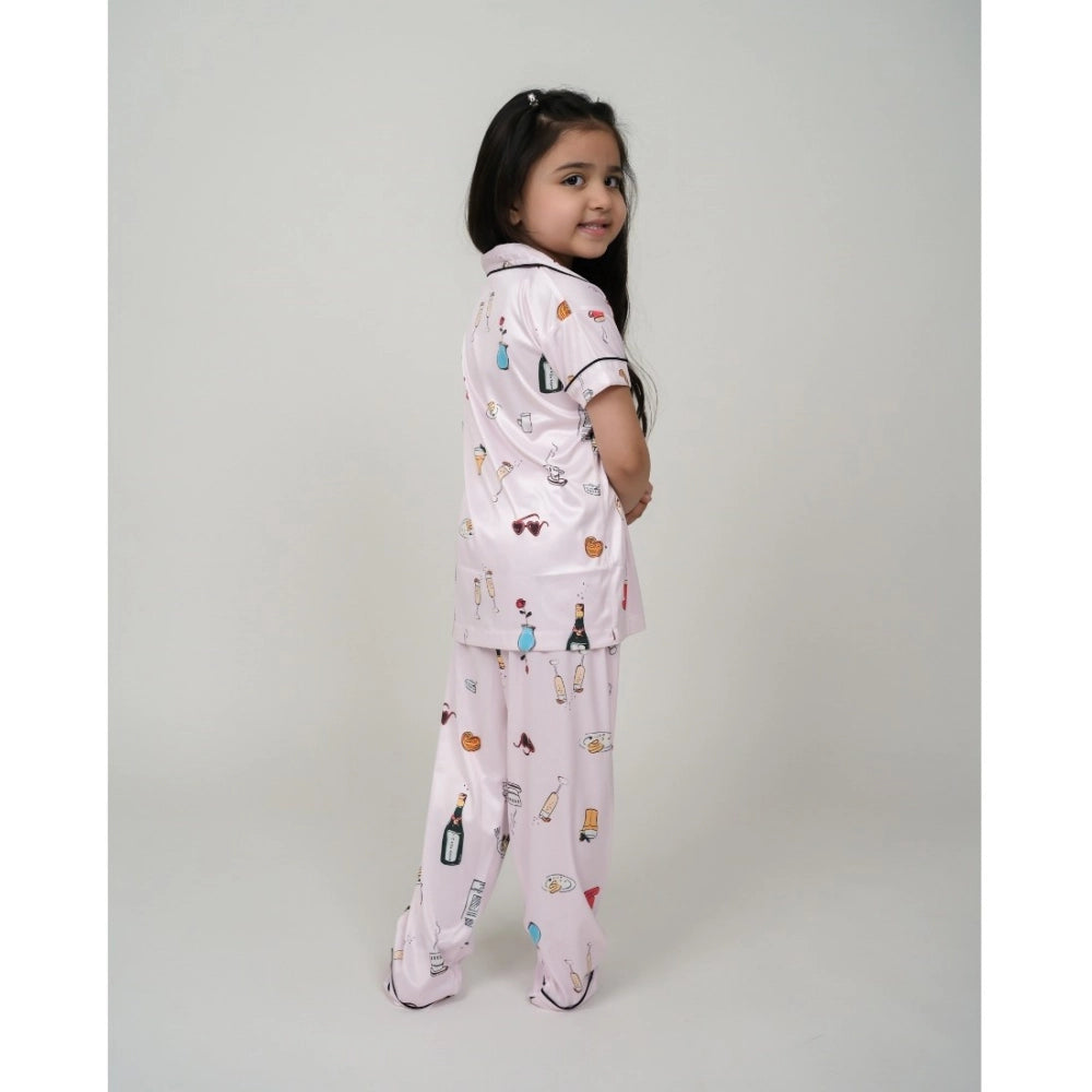 Girl's Silk Bleand Printed Short Sleeve Night Suit Set - Light Pink