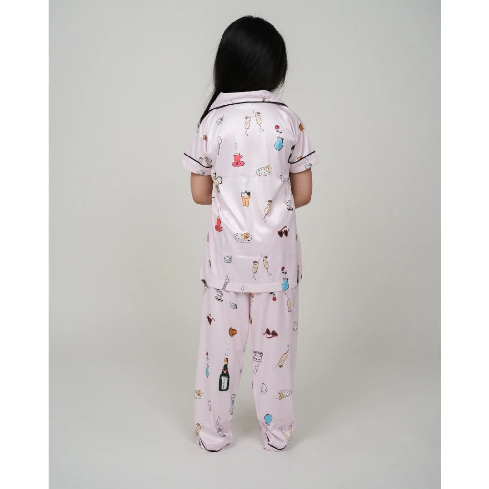Girl's Silk Bleand Printed Short Sleeve Night Suit Set - Light Pink