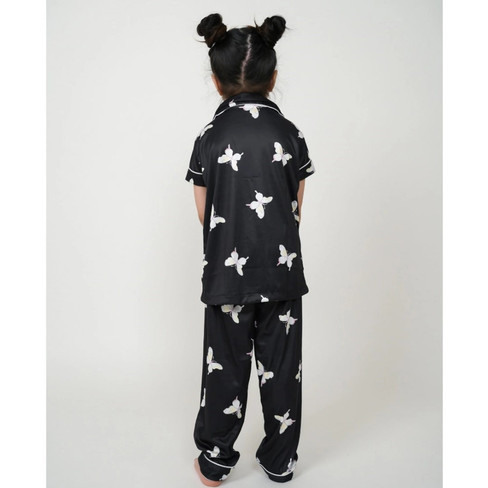 Girl's Silk Bleand Printed Short Sleeve Night Suit Set - Black