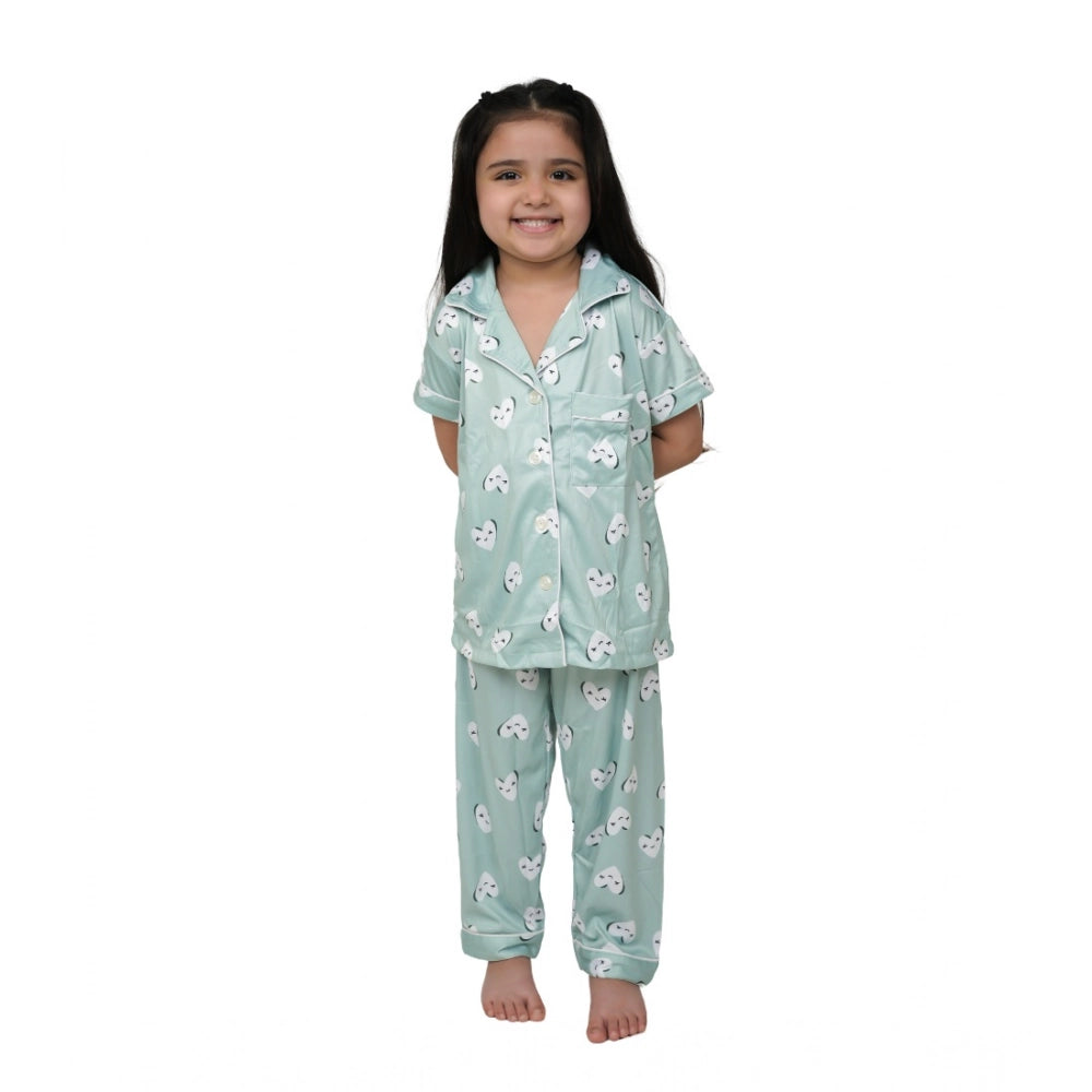 Girl's Silk Bleand Printed Short Sleeve Night Suit Set - Light Green