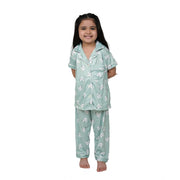 Girl's Silk Bleand Printed Short Sleeve Night Suit Set - Light Green