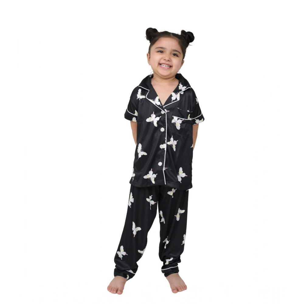 Girl's Silk Bleand Printed Short Sleeve Night Suit Set - Black