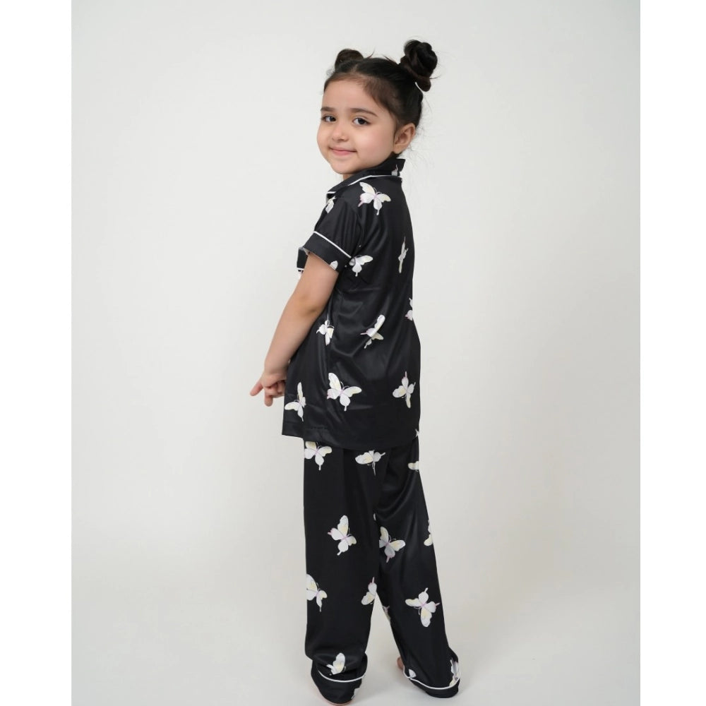 Girl's Silk Bleand Printed Short Sleeve Night Suit Set - Black