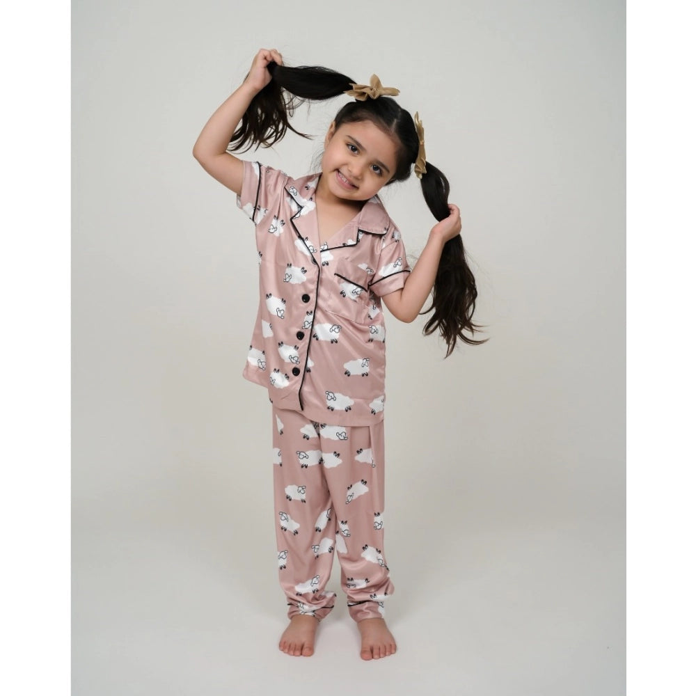 Girl's Silk Bleand Printed Short Sleeve Night Suit Set - Brown