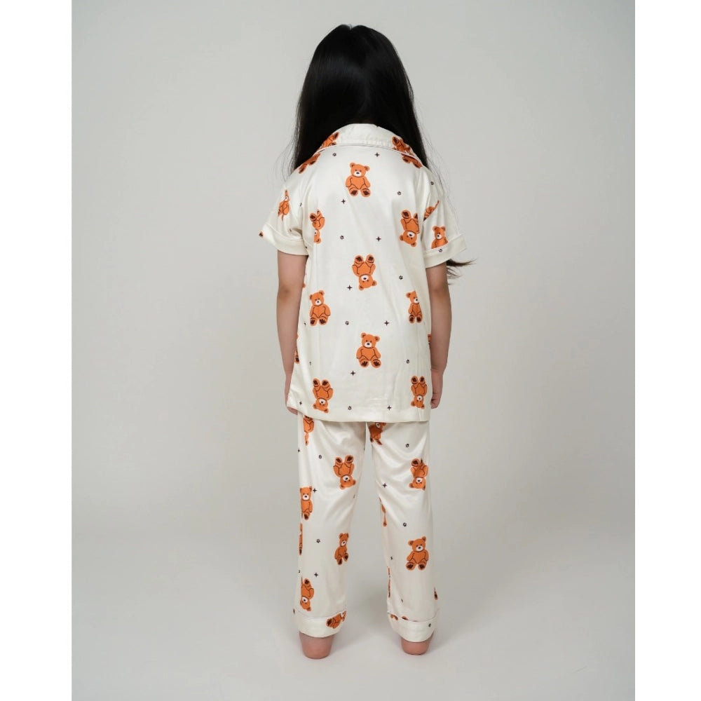Girl's Silk Bleand Printed Short Sleeve Night Suit Set - White