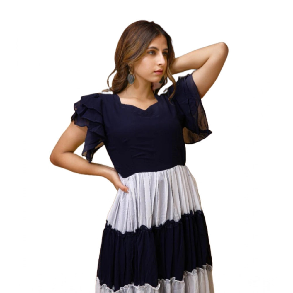 Generic Women's Georgette Solid Half Sleeve Gown (Blue-White)