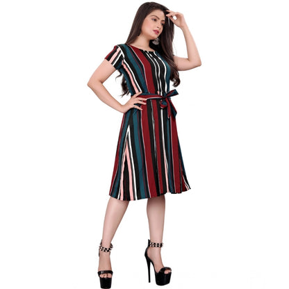 Generic Women's Crep Striped Short Sleeve Dress (Red-Blue ) - Women's Dress | POPNOVA