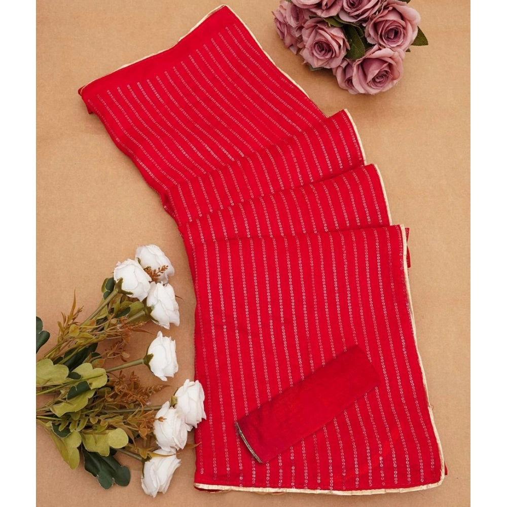 Women's Vichitra Silk Striped Saree With Unstitched Blouse 5.5 Mtr (Red)
