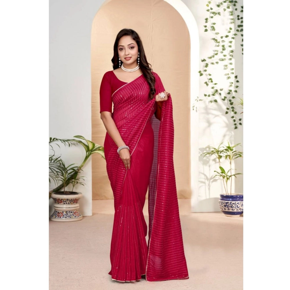 Women's Vichitra Silk Striped Saree With Unstitched Blouse 5.5 Mtr (Pink)