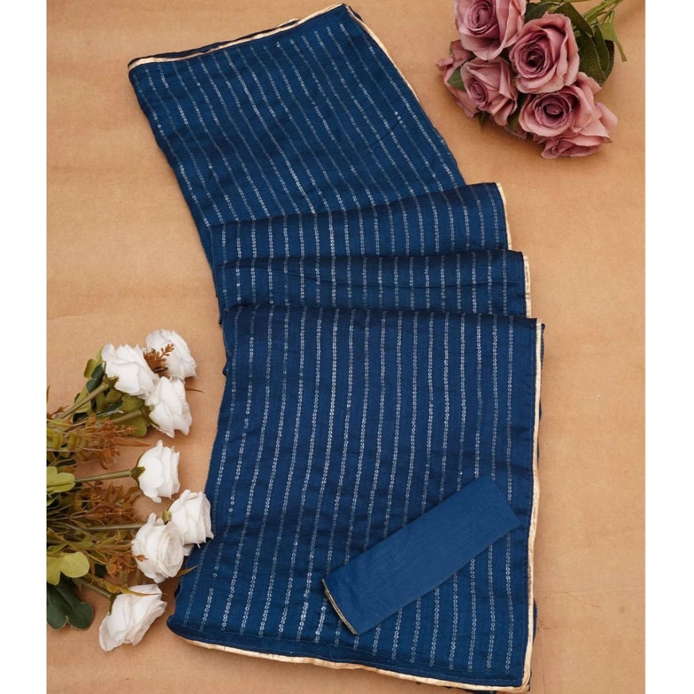 Women's Vichitra Silk Striped Saree With Unstitched Blouse 5.5 Mtr (Blue)