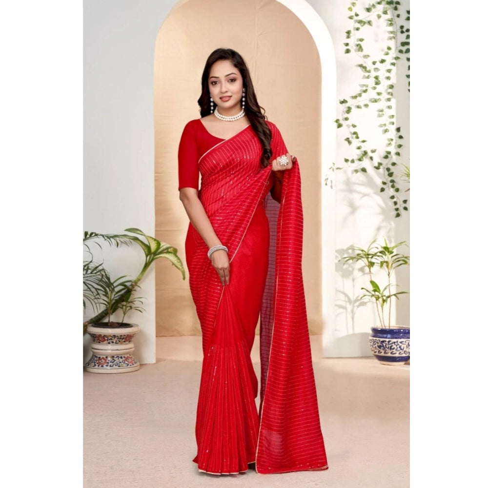 Women's Vichitra Silk Striped Saree With Unstitched Blouse 5.5 Mtr (Red)